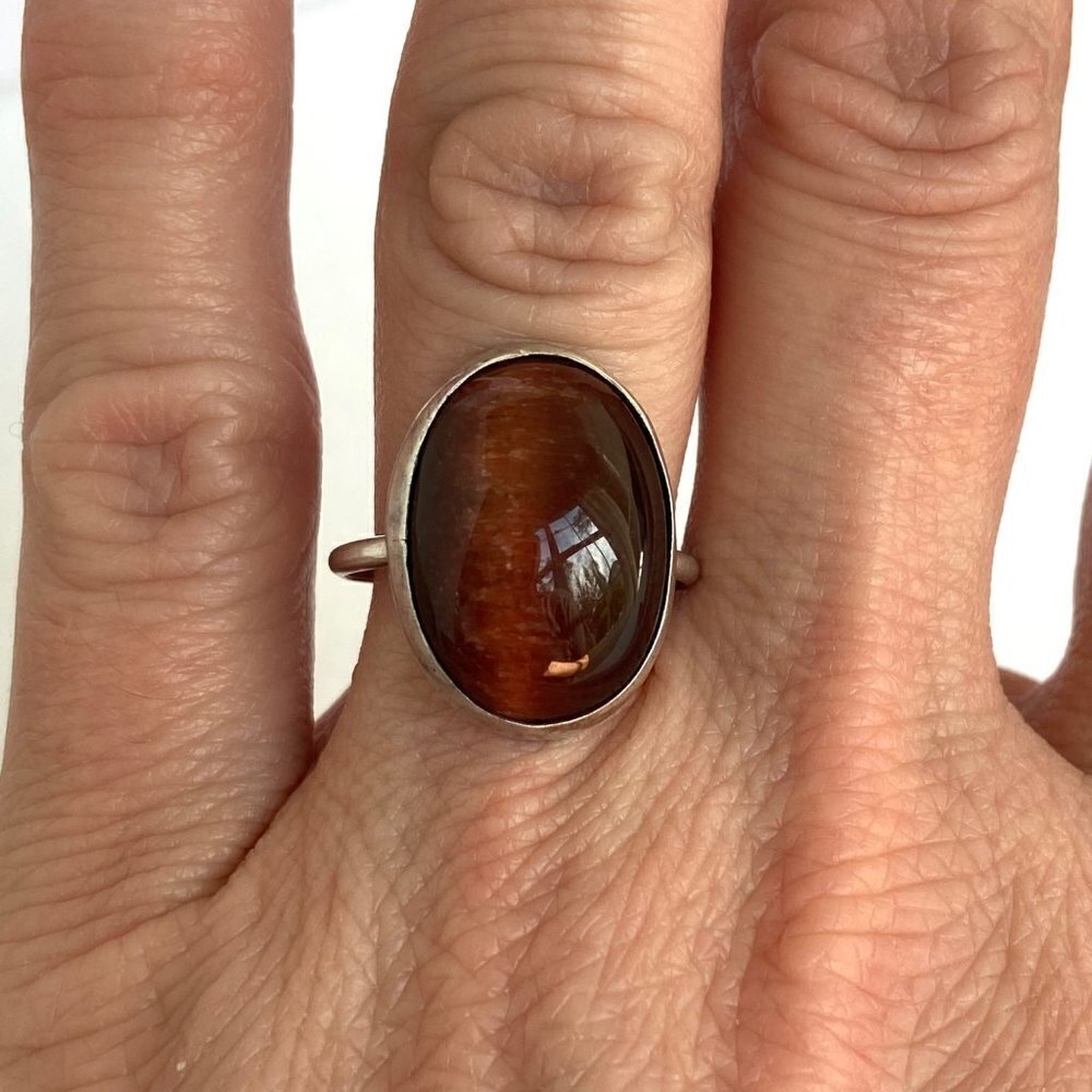 Sterling Silver 925 Oval Bezel Set 0.75" Tigers Eye Cats Eye Quartz Ring Sz 6.5